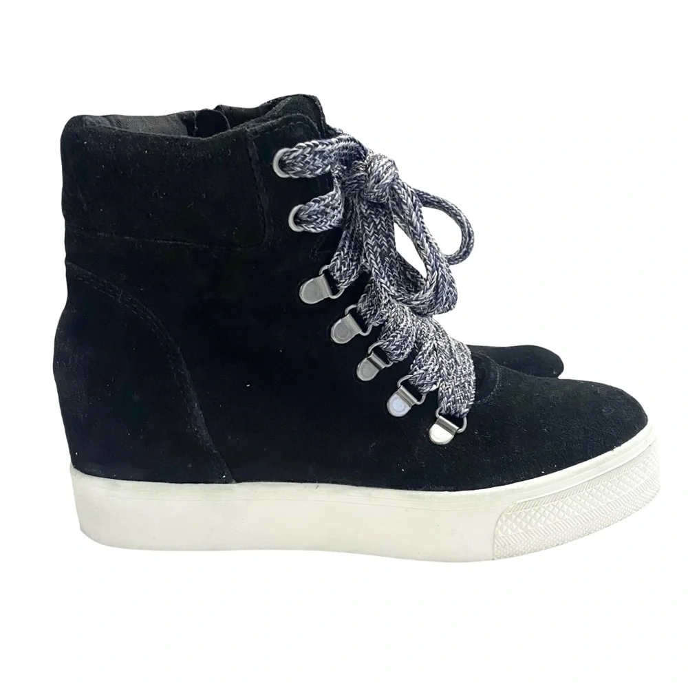 Steve Madden Catch Black Genuine Suede Leather Hidden Wedge Sneaker Bootie 6.5 M - Picture 3 of 11